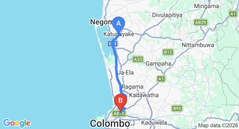 Driving route map: Colombo Airport (CMB) to Peliyagoda (28 km, approx 32 min private transfer)