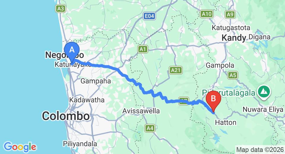 Driving route map: Colombo Airport (CMB) to Watawala (105 km, approx 3 h 12 min private transfer)