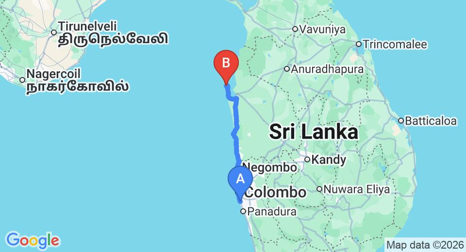 Driving route map: Ratmalana (RML) Airport to Kalkudah (169 km, approx 4 h 1 min private transfer)