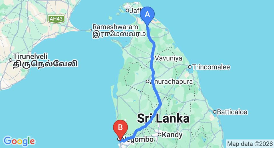 Driving route map: Iranamadu to Colombo Airport (CMB) (305 km, approx 6 h 0 min private transfer)