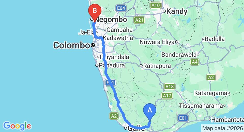 Driving route map: Akuressa to Colombo Airport (CMB) (174 km, approx 2 h 29 min private transfer)