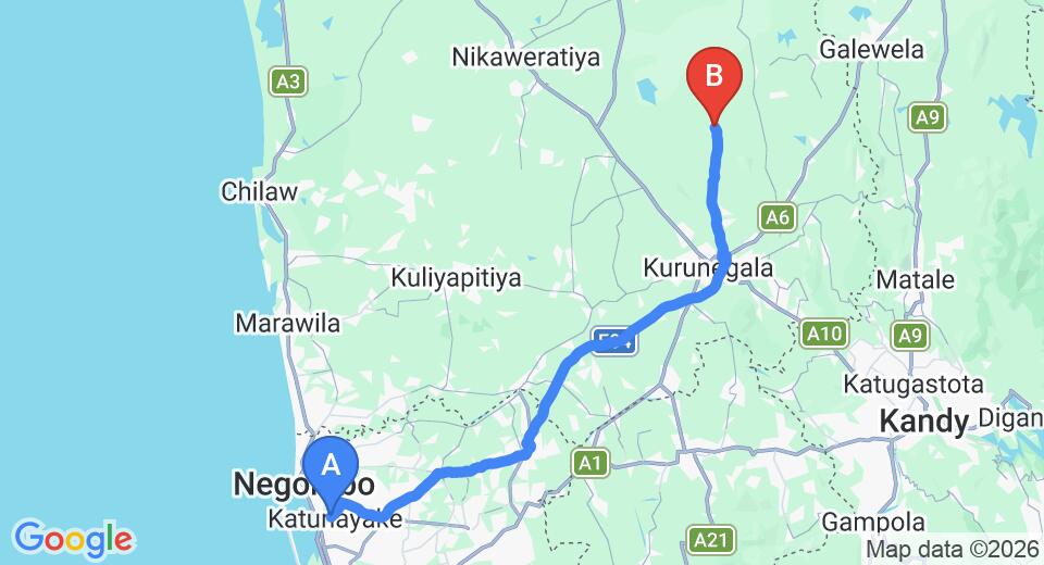 Driving route map: Colombo Airport (CMB) to Hiripitiya (95 km, approx 2 h 1 min private transfer)