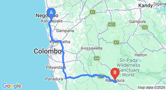 Driving route map: Colombo Airport (CMB) to Centauria Hill Resort, Ratnapura (122 km, approx 2 h 37 min private transfer)