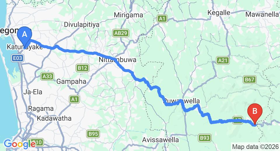 Driving route map: Colombo Airport (CMB) to Sandalu Eco Resort, Kitulgala (84 km, approx 2 h 29 min private transfer)