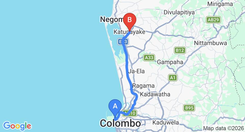 Driving route map: Colombo Seaport to Katunayake (33 km, approx 35 min private transfer)