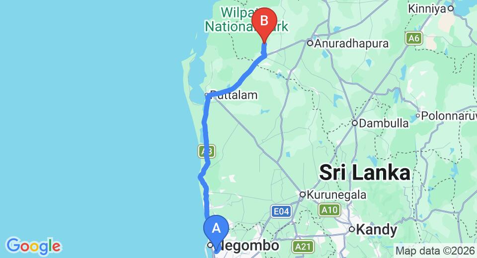 Driving route map: Colombo Airport (CMB) to Park View Bungalow, Wilpattu (157 km, approx 3 h 35 min private transfer)