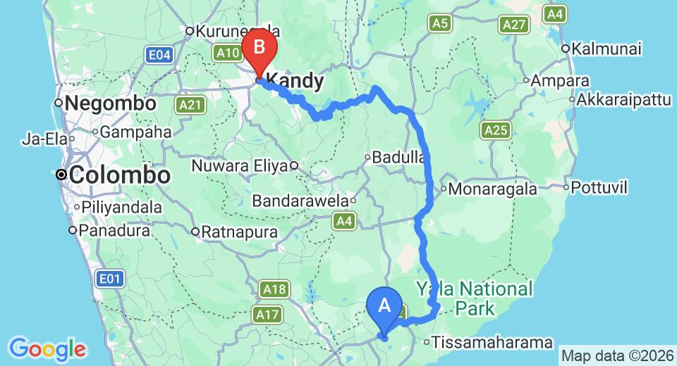 Driving route map: Mattala (HRI) Airport to Kandy (246 km, approx 5 h 23 min private transfer)