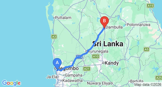 Driving route map: Colombo Airport (CMB) to Hotel Sandaras, Dambulla (130 km, approx 2 h 49 min private transfer)