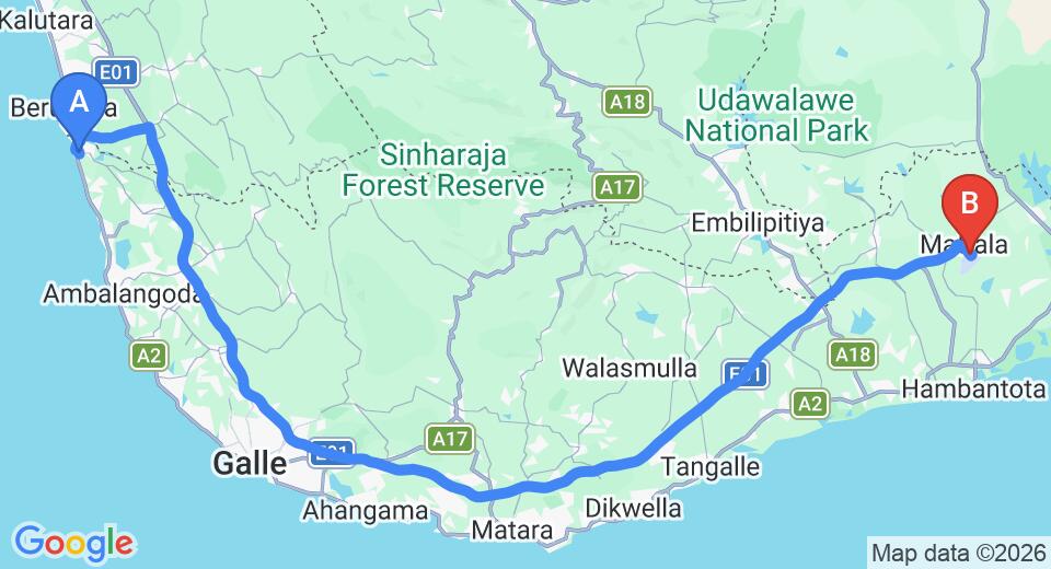 Driving route map: Bentota to Mattala (HRI) Airport (172 km, approx 2 h 18 min private transfer)