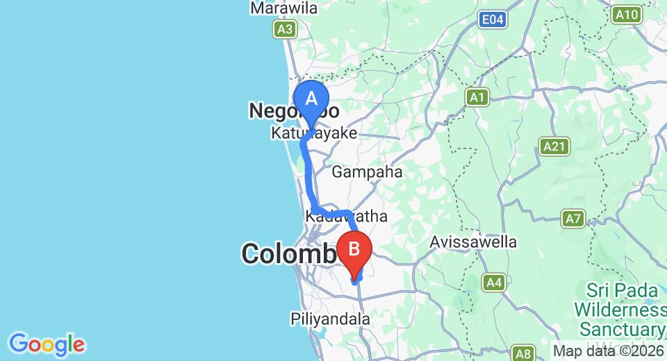 Driving route map: Colombo Airport (CMB) to Hokandara (46 km, approx 48 min private transfer)