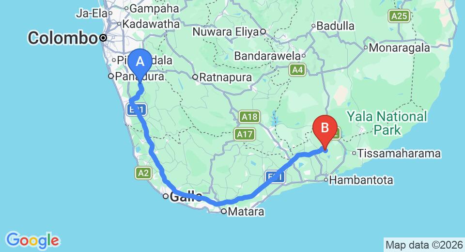 Driving route map: Yala to Mattala (HRI) Airport (192 km, approx 2 h 41 min private transfer)