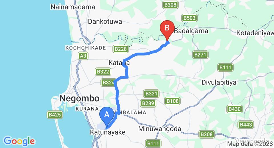 Driving route map: Colombo Airport (CMB) to Akaragama (18 km, approx 35 min private transfer)