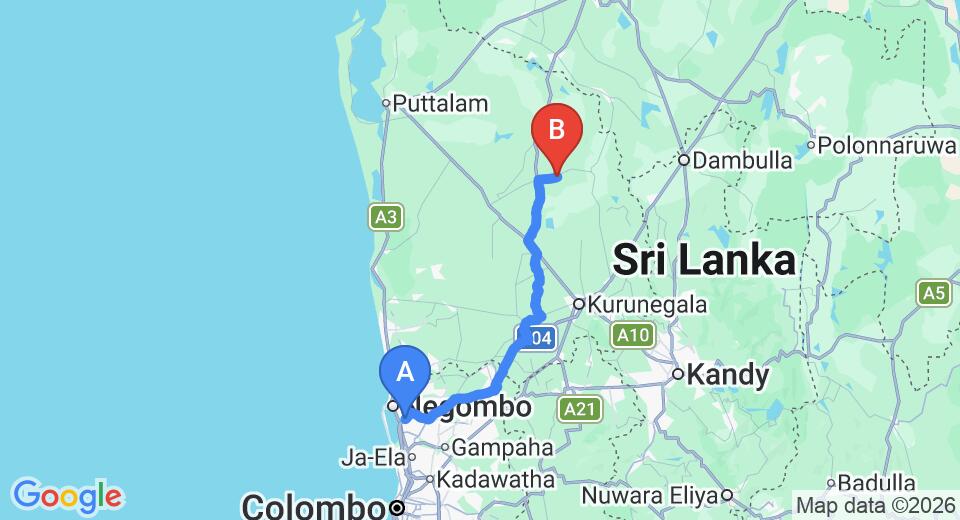Driving route map: Colombo Airport (CMB) to Yapahuwa (115 km, approx 2 h 37 min private transfer)