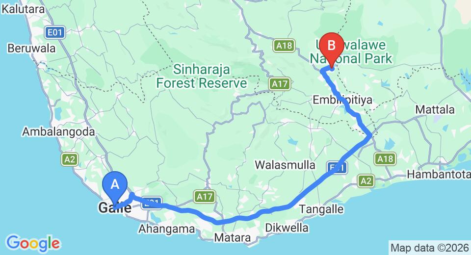 Driving route map: Galle to Udawalawe (124 km, approx 2 h 3 min private transfer)