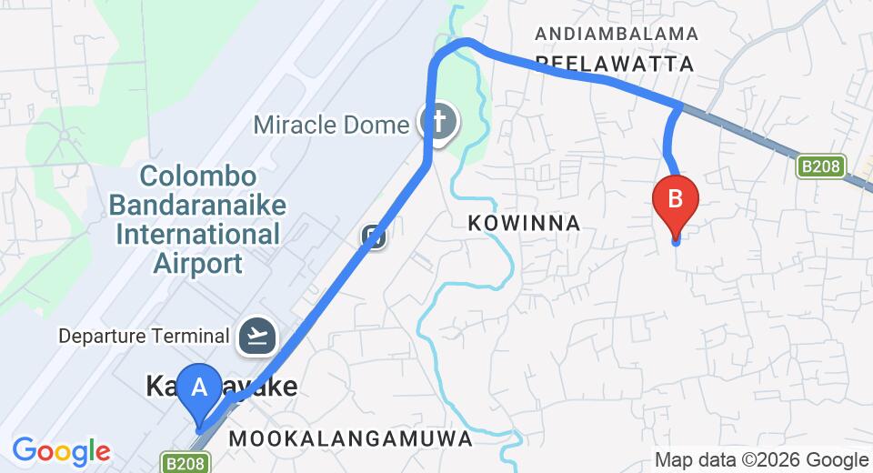 Driving route map: Colombo Airport (CMB) to Green View Hotel, Katunayake (5 km, approx 11 min private transfer)