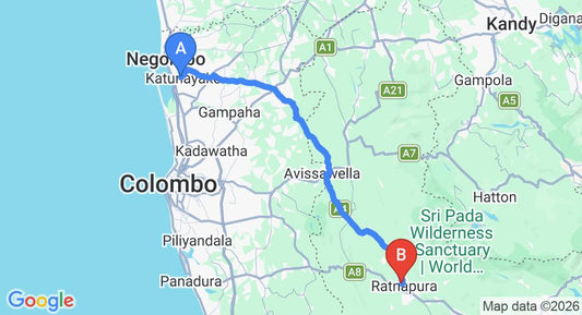Driving route map: Colombo Airport (CMB) to Wild Paradise, Ratnapura (94 km, approx 2 h 40 min private transfer)