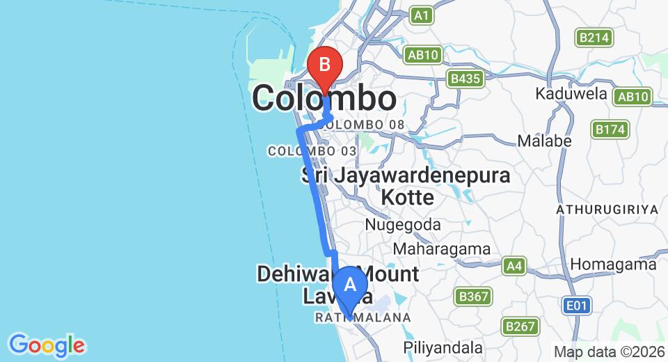 Driving route map: Ratmalana (RML) Airport to Colombo (14 km, approx 33 min private transfer)