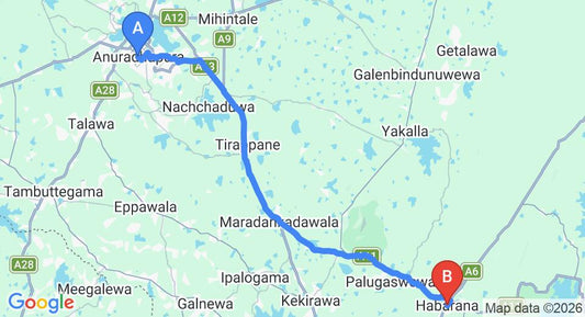 Driving route map: Anuradhapura to Habarana (59 km, approx 1 h 9 min private transfer)