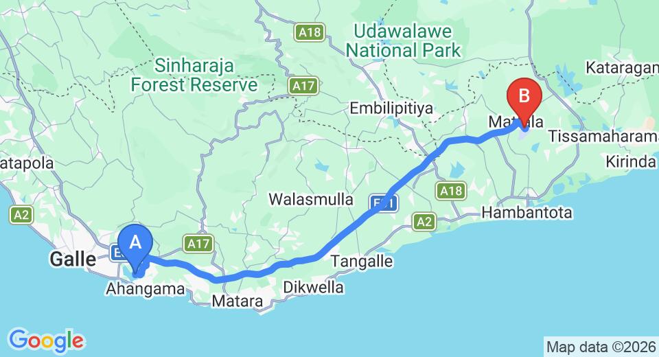 Driving route map: Koggala to Mattala (HRI) Airport (105 km, approx 1 h 29 min private transfer)