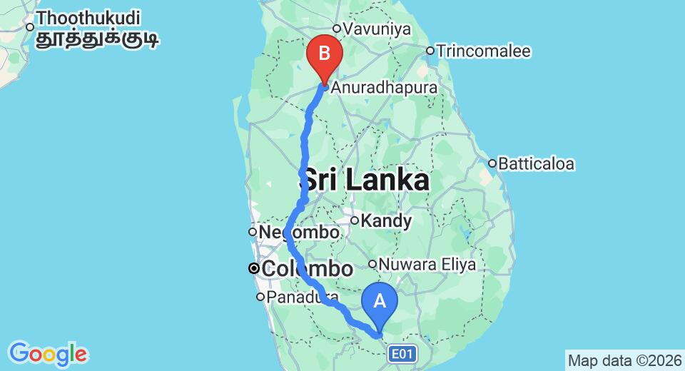 Driving route map: Udawalawe to Anuradhapura (290 km, approx 6 h 46 min private transfer)