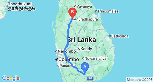 Driving route map: Udawalawe to Anuradhapura (290 km, approx 6 h 46 min private transfer)