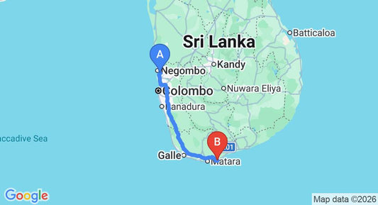Driving route map: Colombo Airport (CMB) to Dickwella Resort & Spa, Dikwella (198 km, approx 2 h 48 min private transfer)