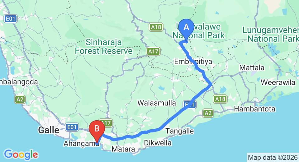 Driving route map: Udawalawe to Weligama (102 km, approx 1 h 46 min private transfer)