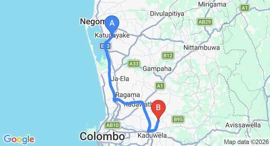 Driving route map: Colombo Airport (CMB) to Kekuna Uyana Guest, Gampaha (42 km, approx 47 min private transfer)