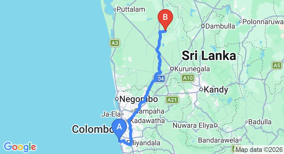 Driving route map: Ratmalana (RML) Airport to Yapahuwa (161 km, approx 3 h 34 min private transfer)