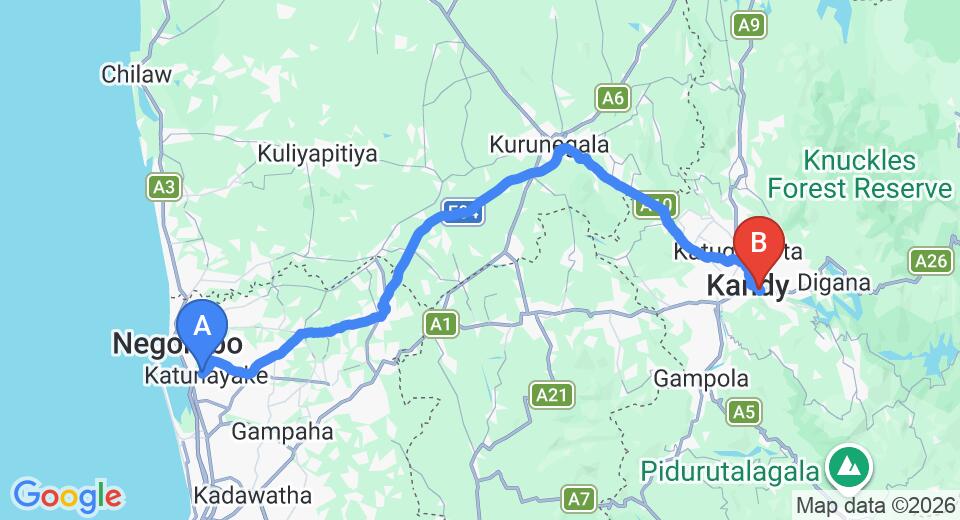 Driving route map: Colombo Airport (CMB) to Kandy View Hotel, Kandy (116 km, approx 2 h 57 min private transfer)