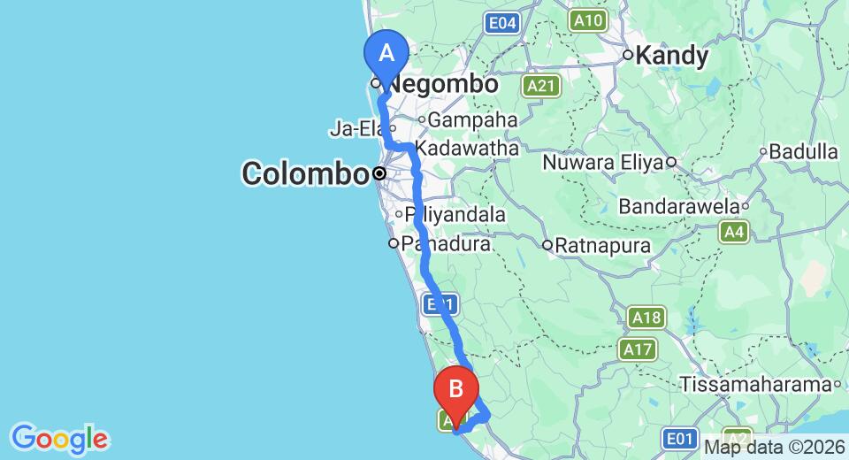 Driving route map: Colombo Airport (CMB) to Hikka Tranz by Cinnamon, Hikkaduwa (145 km, approx 2 h 9 min private transfer)