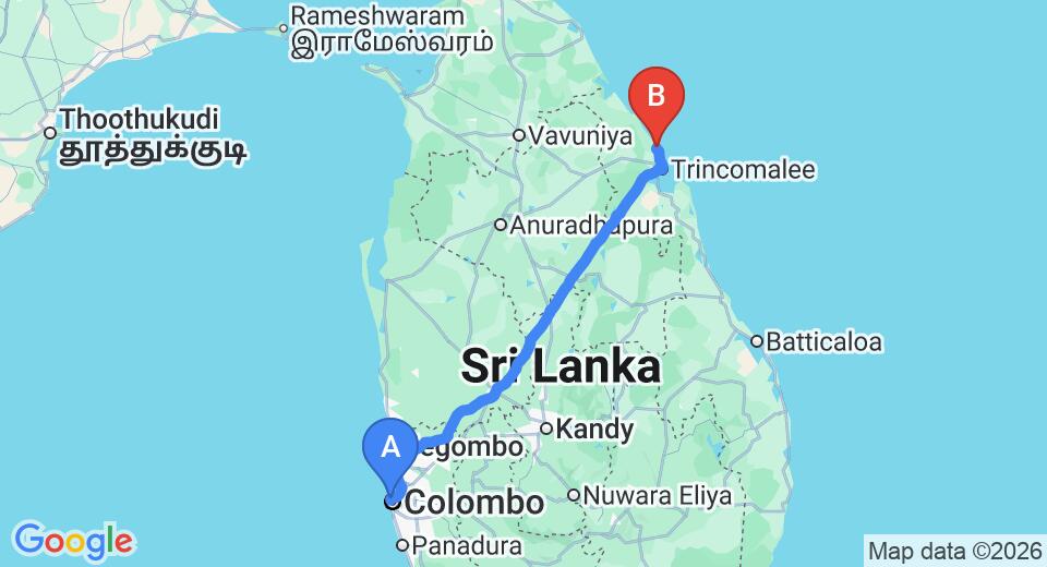 Driving route map: Colombo Seaport to Nilaveli (281 km, approx 5 h 37 min private transfer)