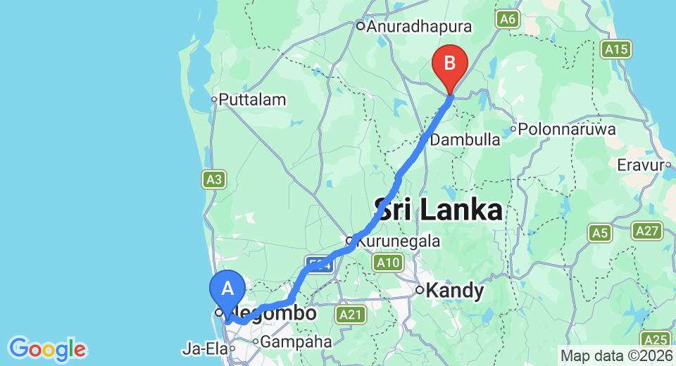 Driving route map: Colombo Airport (CMB) to Danawwa Resort, Habarana (152 km, approx 3 h 14 min private transfer)