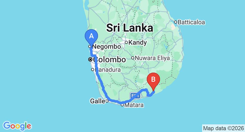 Driving route map: Colombo Airport (CMB) to Weligatta (281 km, approx 3 h 39 min private transfer)