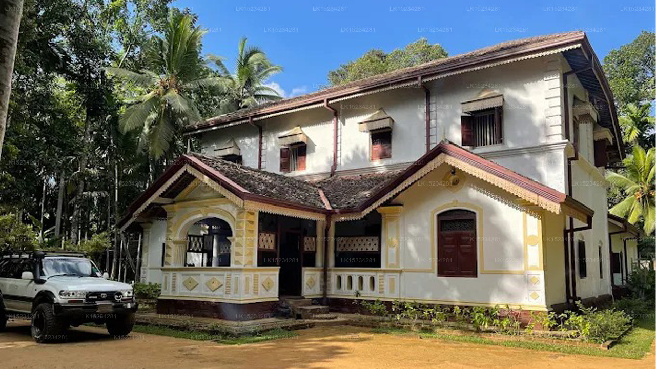 Traditional house with a car parked in front, surrounded by trees
