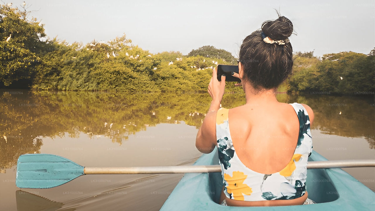 Woman in a kayak taking a photo of nature