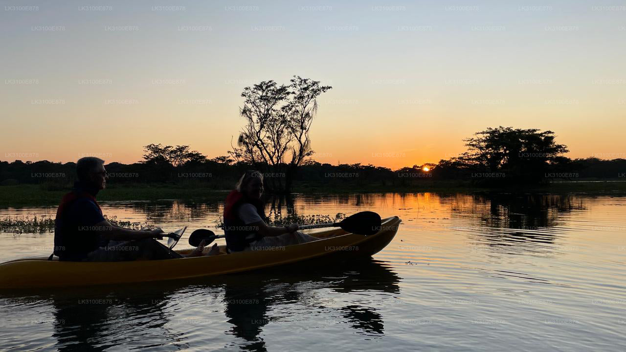 Two people in a kayak on a calm lake at sunset with trees in the background.