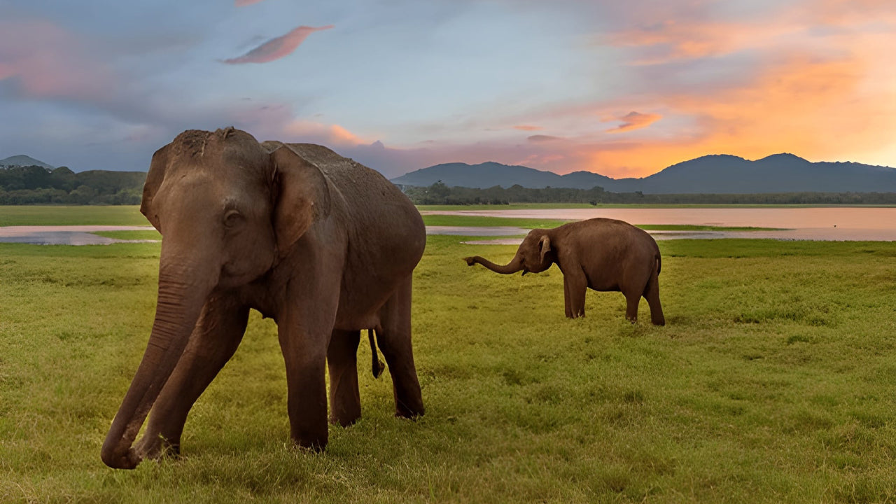 Two elephants walking in a grassy field with a colorful sunset in the background