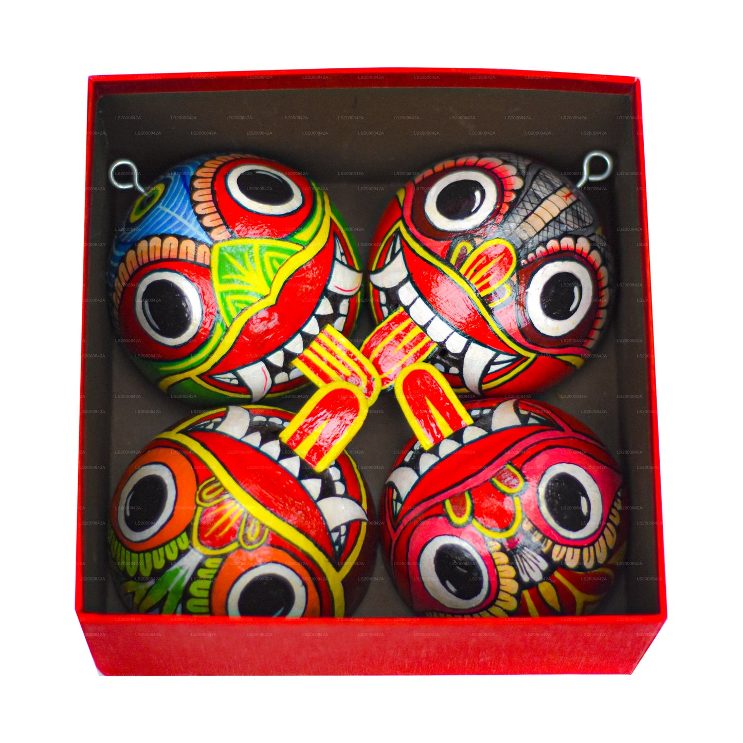 Sri Lankan Traditional Raksha Masks (Mayura, Maru, Agni, Naga) Painted Over Coconut Shells (Pack of 4)