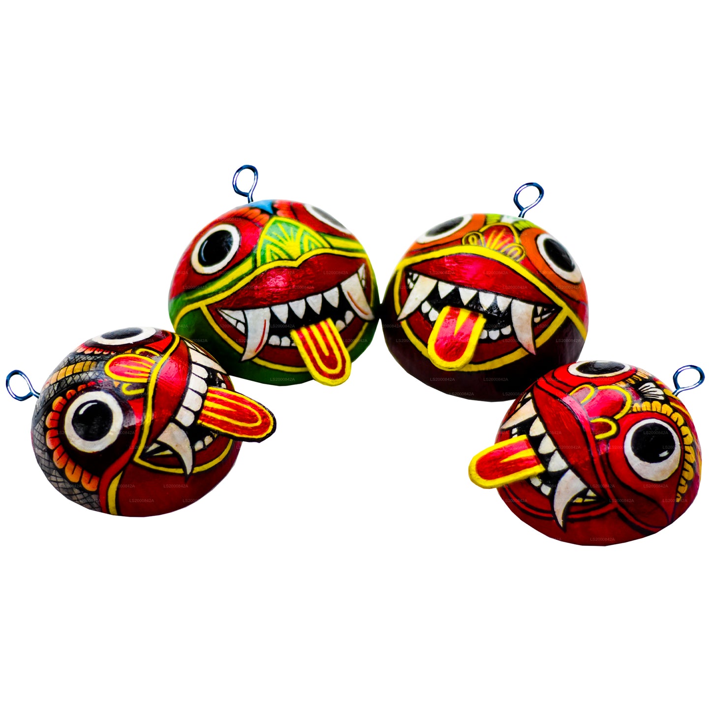 Sri Lankan Traditional Raksha Masks (Mayura, Maru, Agni, Naga) Painted Over Coconut Shells (Pack of 4)