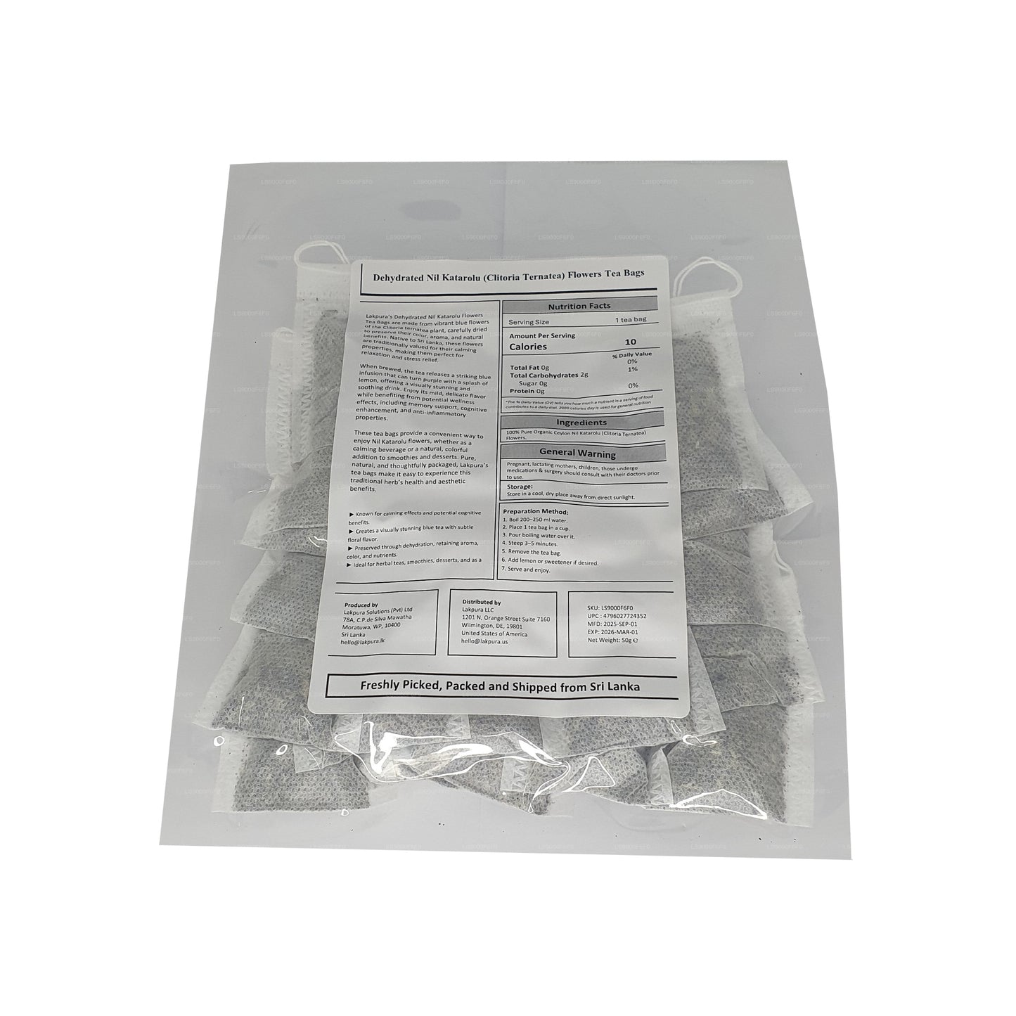 Lakpura® Dehydrated Butterfly Pea (Nil Katarolu; Clitoria Ternatea) Flower Tea Bags (25 Tea Bags)