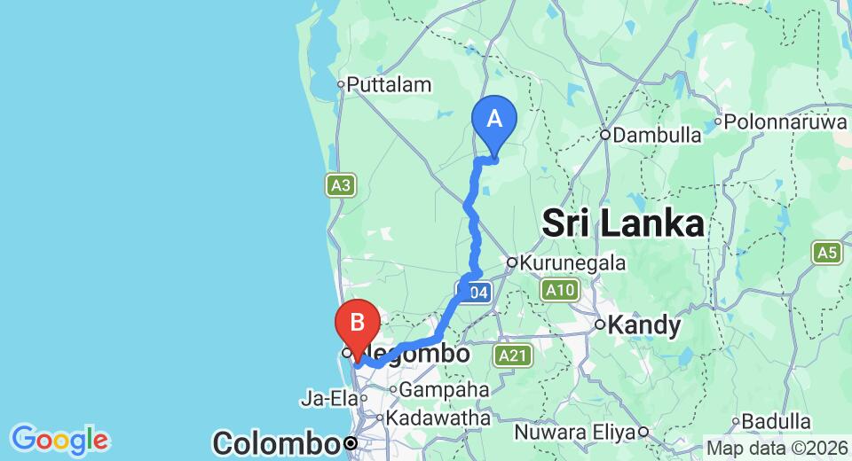 Driving route map: Embogama to Colombo Airport (CMB) (114 km, approx 2 h 37 min private transfer)