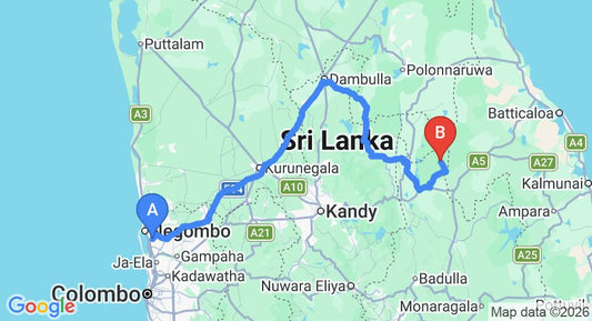 Driving route map: Colombo Airport (CMB) to Mahoora - Dambana, Mahiyanganaya (246 km, approx 5 h 14 min private transfer)