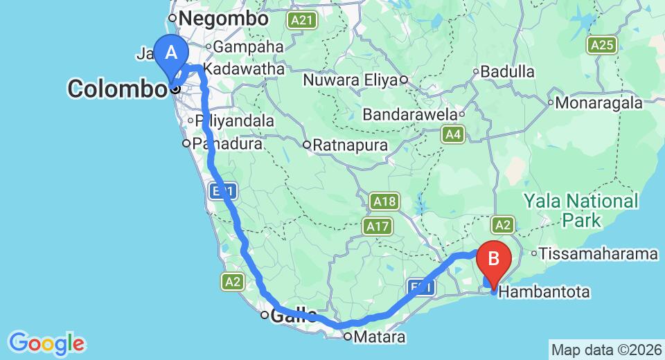Driving route map: Colombo Seaport to Hambantota (263 km, approx 3 h 24 min private transfer)