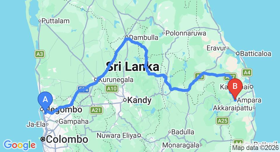 Driving route map: Colombo Airport (CMB) to Ampara (323 km, approx 6 h 26 min private transfer)