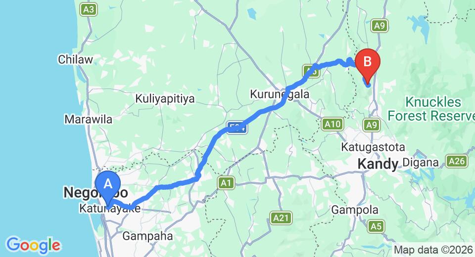 Driving route map: Colombo Airport (CMB) to Man Mountain Villa, Matale (115 km, approx 2 h 38 min private transfer)