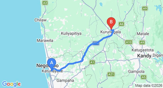 Driving route map: Colombo Airport (CMB) to Hotel Diya Dahara, Kurunegala (78 km, approx 1 h 39 min private transfer)