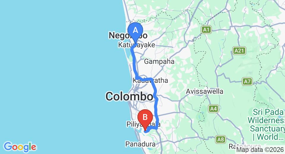 Driving route map: Colombo Airport (CMB) to Madapatha (64 km, approx 1 h 9 min private transfer)