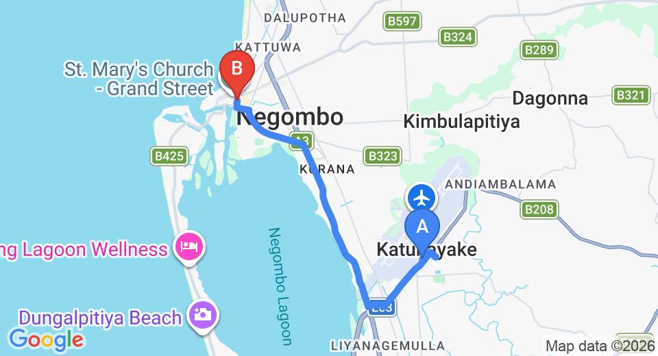 Driving route map: Colombo Airport (CMB) to Lespri Grand, Negombo (10 km, approx 23 min private transfer)