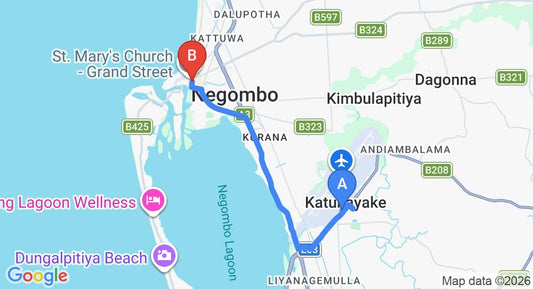 Driving route map: Colombo Airport (CMB) to Lespri Grand, Negombo (10 km, approx 23 min private transfer)